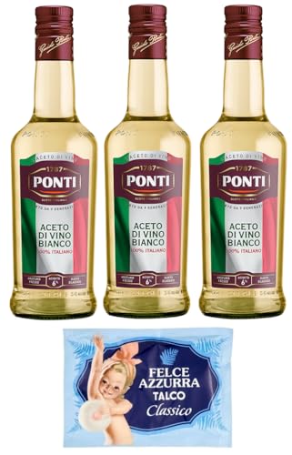 3er-Pack Ponti Weißweinessig, Aceto di Vino Bianco Italiano,100% Italienischer Essig,500ml Glasflasche + 1er-Pack Kostenlos Felce Azzurra Talkumpuder, 100g-Beutel von Felce Azzurra