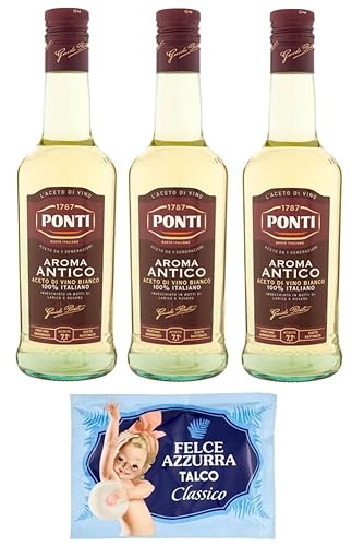 3er-Pack Ponti Weißweinessig,Aroma Antico Aceto di Vino Bianco,100% Italienischer Essig,500ml Glasflasche + 1er-Pack Kostenlos Felce Azzurra Talkumpuder, 100g-Beutel von Felce Azzurra