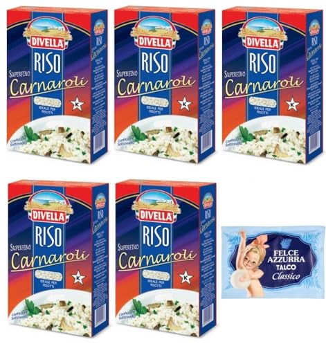 5er-Pack Divella Reis Riso Carnaroli,Superfeine Reiskörner,Ideal für Risottos,1kg Vakuumverpackung + 1er-Pack Kostenlos Felce Azzurra Talkumpuder, 100g-Beutel von Felce Azzurra