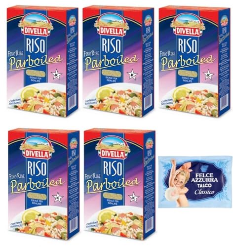 5er-Pack Divella Reis Riso Parboiled,Superfeine Reiskörner,Ideal für Salate,1kg Vakuumverpackung + 1er-Pack Kostenlos Felce Azzurra Talkumpuder, 100g-Beutel 5er-Pack Divella Reis Riso Parboiled,Superfeine Reiskörner,Ideal für Salate,1kg Vakuumverpackung + 1er-Pack Kostenlos Felce Azzurra Talkumpuder, 100g-Beutel von Felce Azzurra