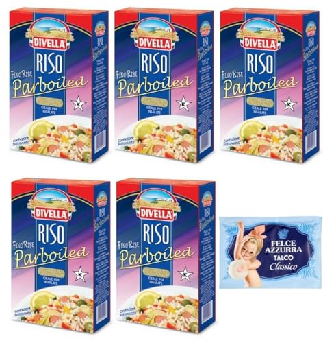 5er-Pack Divella Reis Riso Parboiled,Superfeine Reiskörner,Ideal für Salate,1kg Vakuumverpackung + 1er-Pack Kostenlos Felce Azzurra Talkumpuder, 100g-Beutel von Felce Azzurra