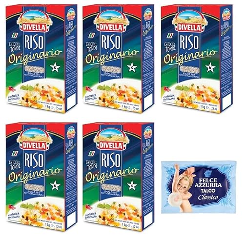 5er-Pack Divella Riso Originario,Runde Reiskörner, italienischer Reis, ideal für traditionelle Rezepte,1kg Vakuumverpackung + 1er-Pack Kostenlos Felce Azzurra Talkumpuder, 100g-Beutel 5er-Pack Divella Riso Originario,Runde Reiskörner, italienischer Reis, ideal für traditionelle Rezepte,1kg Vakuumverpackung + 1er-Pack Kostenlos Felce Azzurra Talkumpuder, 100g-Beutel von Felce Azzurra