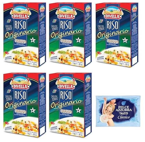 5er-Pack Divella Riso Originario,Runde Reiskörner, italienischer Reis, ideal für traditionelle Rezepte,1kg Vakuumverpackung + 1er-Pack Kostenlos Felce Azzurra Talkumpuder, 100g-Beutel von Felce Azzurra