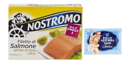 5er-Pack Nostromo Filetto di Salmone all'Olio di Oliva,Lachsfilets in Olivenöl,110g + 1er-Pack Kostenlos Felce Azzurra Talkumpuder, 100g-Beutel 5er-Pack Nostromo Filetto di Salmone all'Olio di Oliva,Lachsfilets in Olivenöl,110g + 1er-Pack Kostenlos Felce Azzurra Talkumpuder, 100g-Beutel von Felce Azzurra