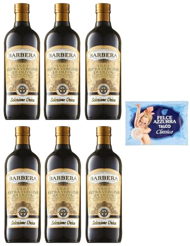 6er-Pack Barbera Selezione Unica Natives Olivenöl Extra,Olio Extra Vergine di Oliva,1Lt Glasflaschen + 1er-Pack Kostenlos Felce Azzurra Talkumpuder, 100g-Beutel von Felce Azzurra