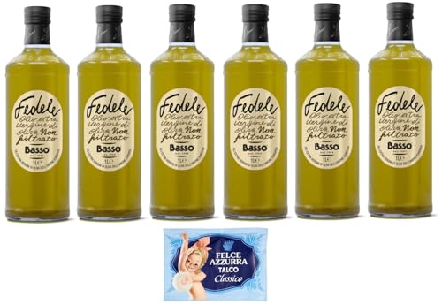 6er-Pack Basso Fedele Ungefiltertes Natives Olivenöl Extra,Olio Extra Vergine di Oliva Non Filtrato,1Lt Glasflaschen + 1er-Pack Kostenlos Felce Azzurra Talkumpuder, 100g-Beutel von Felce Azzurra