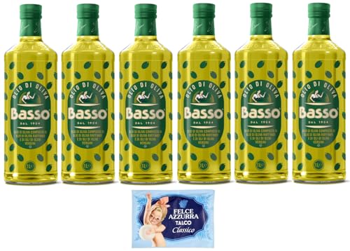 6er-Pack Basso Olivenöl,Olio di Oliva,super zum Braten,1Lt Glasflaschen + 1er-Pack Kostenlos Felce Azzurra Talkumpuder, 100g-Beutel von Felce Azzurra