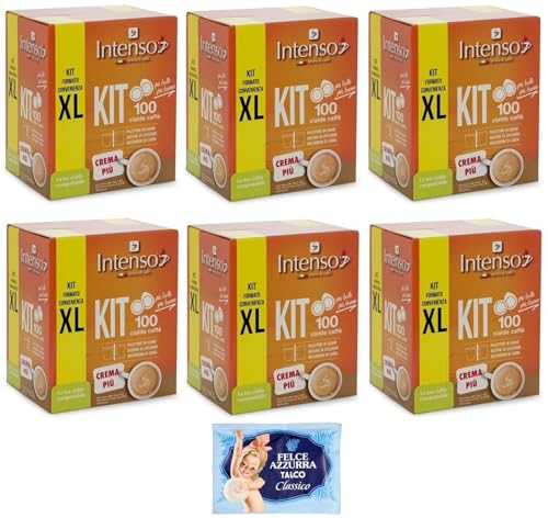 6er-Pack Intenso Caffè in Cialde KIT XL Crema Più,100 Kaffeepads + Holzlöffel + Pappbecher + Zuckerbeutel + 1er-Pack Kostenlos Felce Azzurra Talkumpuder, 100g-Beutel von Felce Azzurra