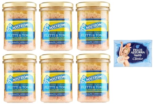 6er-Pack Nostromo Thunfisch Filetti di Tonno all'Olio di Oliva,Thunfischfilets in Olivenöl,180g Glas + 1er-Pack Kostenlos Felce Azzurra Talkumpuder, 100g-Beutel von Felce Azzurra