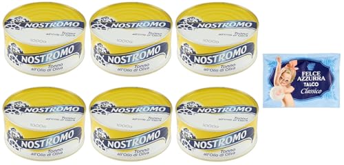 6er-Pack Nostromo Thunfisch Tonno all'Olio di Oliva,Thunfisch in Olivenöl,1Kg Dose + 1er-Pack Kostenlos Felce Azzurra Talkumpuder, 100g-Beutel von Felce Azzurra