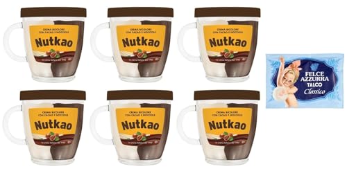 6er-Pack Nutkao Crema Bicolore Cacao,Nocciole e Vaniglia,Streichfähige Creme Kakao mit Haselnüssen und Vanille, 330g-Glas + 1er-Pack Kostenlos Felce Azzurra Talkumpuder, 100g-Beutel von Felce Azzurra