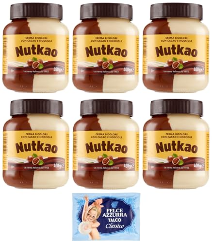 6er-Pack Nutkao Crema Bicolore Cacao,Nocciole e Vaniglia,Streichfähige Creme Kakao mit Haselnüssen und Vanille, 400g-Glas + 1er-Pack Kostenlos Felce Azzurra Talkumpuder, 100g-Beutel von Felce Azzurra