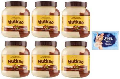 6er-Pack Nutkao Crema Bicolore Cacao,Nocciole e Vaniglia,Streichfähige Creme Kakao mit Haselnüssen und Vanille, 750g-Glas + 1er-Pack Kostenlos Felce Azzurra Talkumpuder, 100g-Beutel von Felce Azzurra