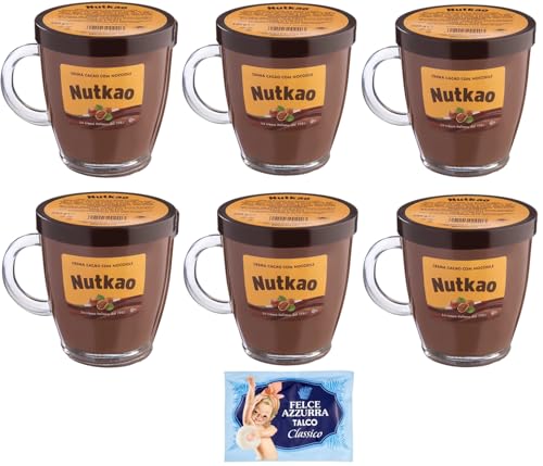 6er-Pack Nutkao Crema Cacao con Nocciole,Streichfähige Creme Kakao mit Haselnüssen,Italienische Creme, 330g-Glas + 1er-Pack Kostenlos Felce Azzurra Talkumpuder, 100g-Beutel von Felce Azzurra