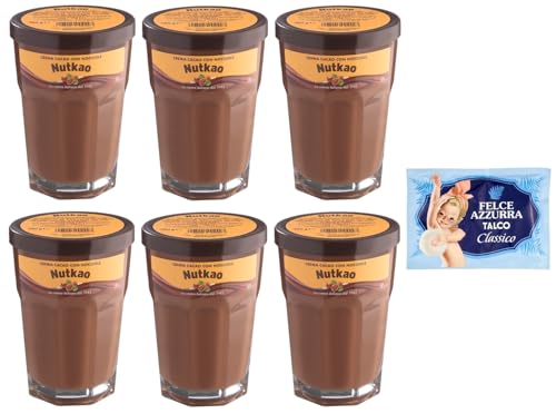 6er-Pack Nutkao Crema Cacao con Nocciole,Streichfähige Creme Kakao mit Haselnüssen,Italienische Creme, 330g-Glas + 1er-Pack Kostenlos Felce Azzurra Talkumpuder, 100g-Beutel von Felce Azzurra