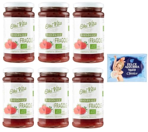 6er-Pack Ohi Vita Marmelade Fragole,Cremiges Erdbeerkompott,Fruchtkompott,250g Glas + 1er-Pack Kostenlos Felce Azzurra Talkumpuder, 100g-Beutel von Felce Azzurra