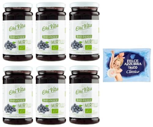 6er-Pack Ohi Vita Marmelade Mirtilli,Cremiges Blaubeerkompott,Fruchtkompott,250g Glas + 1er-Pack Kostenlos Felce Azzurra Talkumpuder, 100g-Beutel von Felce Azzurra