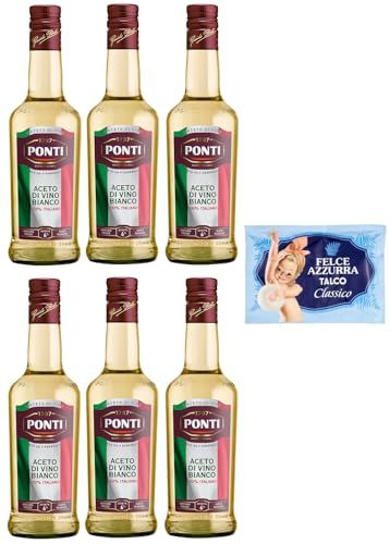 6er-Pack Ponti Weißweinessig, Aceto di Vino Bianco Italiano,100% Italienischer Essig,500ml Glasflasche + 1er-Pack Kostenlos Felce Azzurra Talkumpuder, 100g-Beutel von Felce Azzurra