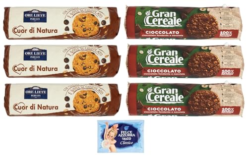 6er-Pack Testpaket Biscotti Cereali Cioccolato Ore Liete 250g + Gran Cereale 230g Kekse mit Müsli und Schokoladen Verpackt in Tube + 1er-Pack Kostenlos Felce Azzurra Talkumpuder, 100g-Beutel von Felce Azzurra