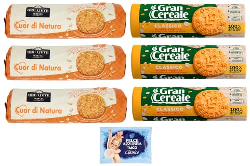 6er-Pack Testpaket Biscotti Cereali Ore Liete Gran Cereale,Kekse mit Müsli,Verpackt in Tube 250g + 1er-Pack Kostenlos Felce Azzurra Talkumpuder, 100g-Beutel von Felce Azzurra