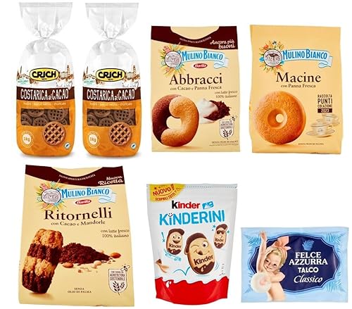 6er-Pack Testpaket Mulino Bianco Ritornelli Macine Abbracci + Ferrero Kinderini + Crich Costarica Kekse Kakaokekse Biscuits + 1er-Pack Kostenlos Felce Azzurra Talkumpuder, 100g-Beutel von Felce Azzurra