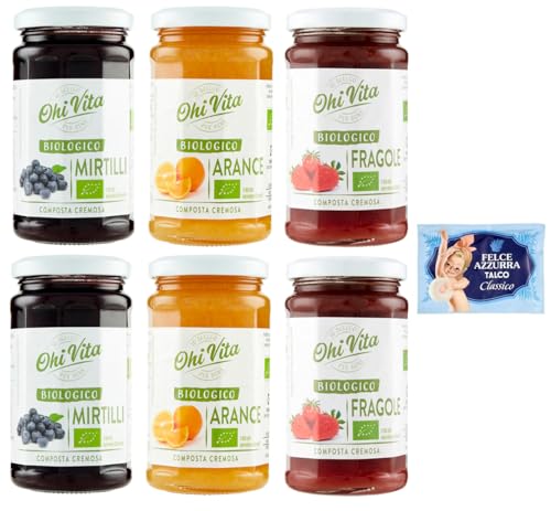 6er-Pack Testpaket Ohi Vita Marmelade Orangen - Erdbeeren - Blaubeeren,Cremiges Fruchtkompott,250g Glas + 1er-Pack Kostenlos Felce Azzurra Talkumpuder, 100g-Beutel von Felce Azzurra