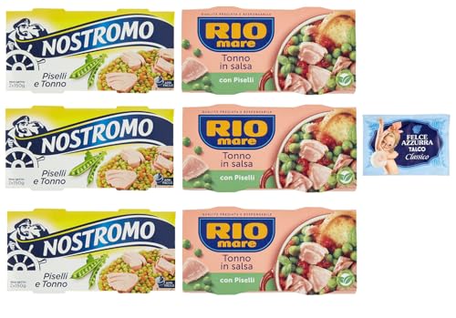 6er-Pack Testpaket Rio Mare Nostromo Thunfisch und Erbsen Fertiggericht, 2x150g + 1er-Pack Kostenlos Felce Azzurra Talkumpuder, 100g-Beutel von Felce Azzurra