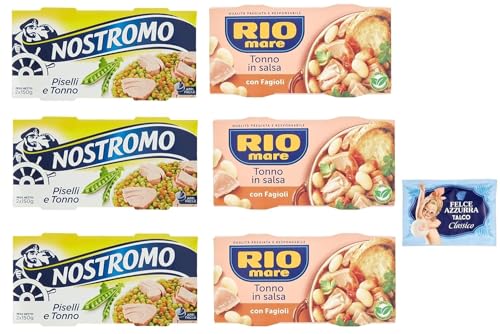 6er-Pack Testpaket Rio Mare Thunfisch und Bohnen + Nostromo Thunfisch und Erbsen Fertiggericht, 2x150g + 1er-Pack Kostenlos Felce Azzurra Talkumpuder, 100g-Beutel von Felce Azzurra