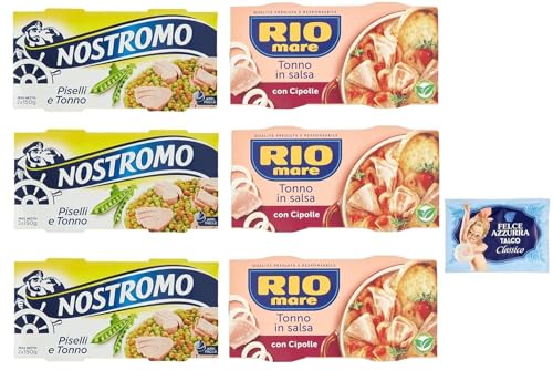 6er-Pack Testpaket Rio Mare Thunfisch und Zwiebeln + Nostromo Thunfisch und Erbsen Fertiggericht, 2x150g + 1er-Pack Kostenlos Felce Azzurra Talkumpuder, 100g-Beutel von Felce Azzurra