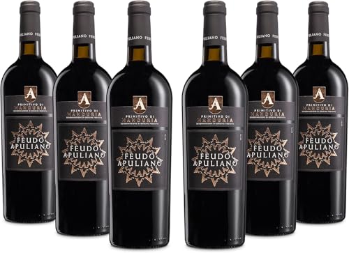 Feudo Apuliano Primitivo di Manduria DOP, Rotwein mit Vollmundigem Geschmack, Warm mit Umhüllendem Abgang, mit Noten Reifer Früchte, 14,5 % Vol., Karton mit 6 Flaschen mit jeweils 750 ml von Feudo Apuliano