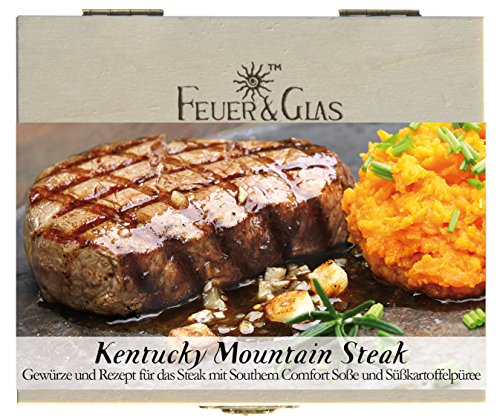 Kentucky Mountain Steak – 8 Gewürze Set für Steak mit Southern-Comfort-Soße (90g) – in einer schönen Holzbox – mit Rezept und Einkaufsliste – Geschenkidee für Männer und Feinschmecker von Feuer & Glas von Feuer und Glas