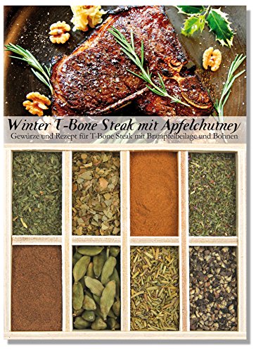 Winter T-Bone mit Bratapfel-Chutney – 8 Gewürze für T-Bone Steaks mit Bratapfelbeilage und Bohnen (40g) – in einem schönen Holzkästchen – mit Rezept und Einkaufsliste – Geschenkidee– von Feuer & Glas von Feuer und Glas