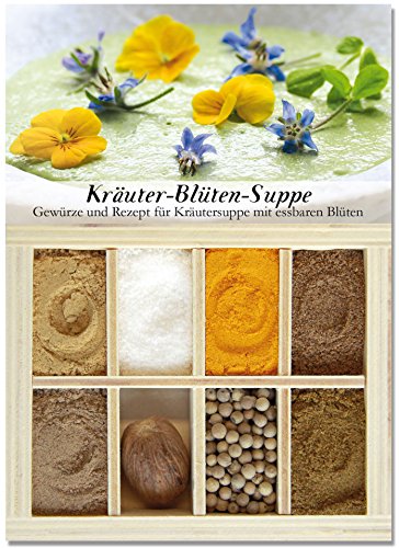 Kräuter-Blüten-Suppe – 8 Gewürze für Kräutersuppe mit essbaren Blüten (61g) – in einem schönen Holzkästchen – mit Rezept und Einkaufsliste – Geschenkidee für Feinschmecker – von Feuer & Glas von Feuer und Glas