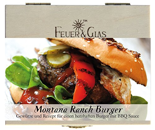 Montana Ranch Burger – 8 Gewürze Set für einen feurigen Burger (55g) – in einem schönen Holzkästchen – mit Rezept und Einkaufsliste – Geschenkidee für Feinschmecker von Feuer & Glas von Feuer und Glas