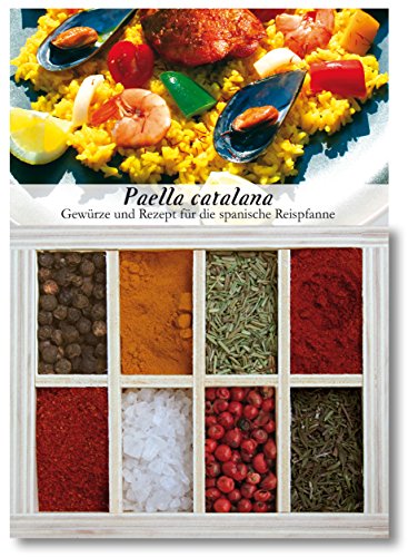 Paella Catalana – 8 Gewürze Set für die spanische Reispfanne (50g) – in einem schönen Holzkästchen – mit Rezept und Einkaufsliste – Geschenkidee für Feinschmecker von Feuer & Glas von Feuer und Glas