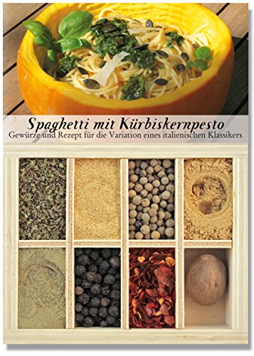 Spaghetti mit Kürbiskernpesto – 8 Gewürze Set für die Variation des italienischen Klassikers (47g) – in einem schönen Holzkästchen – mit Rezept und Einkaufsliste – Geschenkidee für Feinschmecker von Feuer & Glas von Feuer und Glas