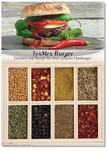 Tex Mex Burger – 8 Gewürze Set für den feurigen Burger (51g) – in einem schönen Holzkästchen – mit Rezept und Einkaufsliste – Geschenkidee für Feinschmecker von Feuer & Glas von Feuer und Glas