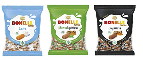Testpaket Fida Bonelle Toffee Bonbons Liquirizia - Latte - MentaLiquirizia Gluten frei geeignet für Vegetarier weiche Bonbons Lakritz - Milch - Minze und Lakritz ( 3 x 150g ) von Fida