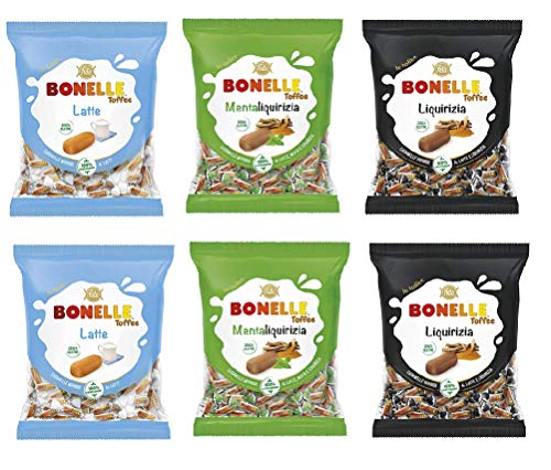 Testpaket Fida Bonelle Toffee Bonbons Liquirizia - Latte - MentaLiquirizia Gluten frei geeignet für Vegetarier weiche Bonbons Lakritz - Milch - Minze und Lakritz ( 6 x 150g ) von Fida