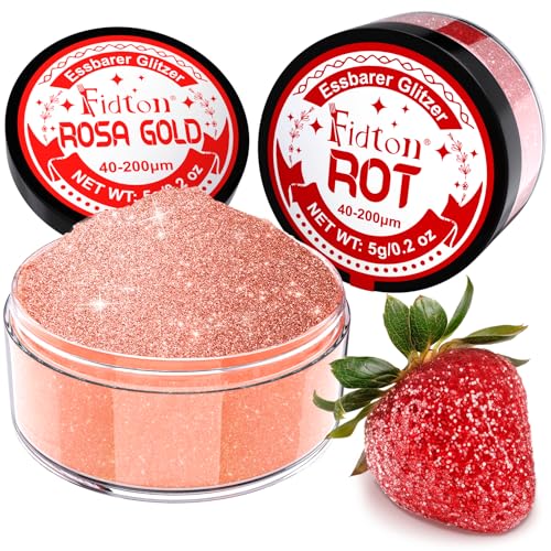 Essbarer Glitzer für Getränke - Fidton 2 Farben Lebensmittelfarbe Pulver Set, Glitzer Essbar für Torten, Fondant, Donut, Edible Glitter für Getränke, Cocktail, Essbares Glitzer Rosa Gold und Rot - 5g von Fidton