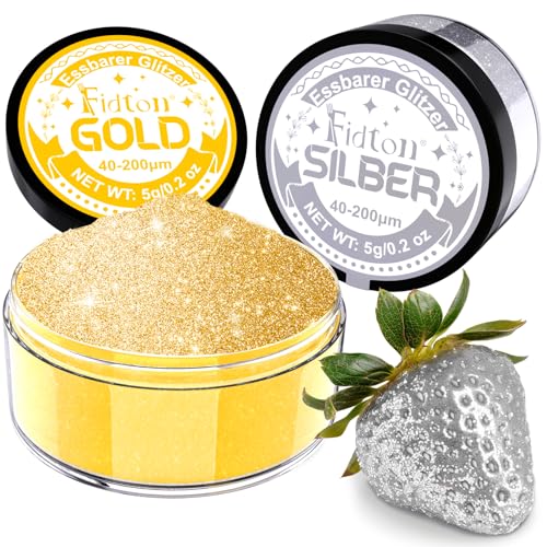 Essbarer Glitzer für Getränke - Fidton 2 Farben Lebensmittelfarbe Pulver Set, Glitzer Essbar für Torten, Fondant Gold, Donut, Edible Glitter für Getränke, Cocktail, Essbares Gold und Silber - 5g… von Fidton