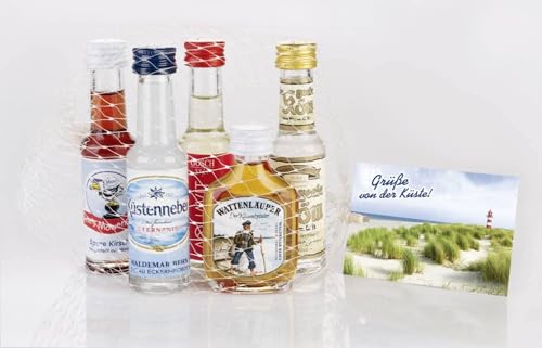 Fiete´s Kirsch | Minis im Netz | 5er Mix mit De geele Köm, Gosch Sylter Aquavit, Küstennebel und Wattenläuper | ideales Geschenk und Mit-Bringsel aus dem Urlaub | 5 x 0,02 L | von Jlwiy