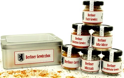 Berliner Gewürzbox mit 6 Gewürzmischungen für die typische Berliner Küche in der Geschenkdose von Finca Marina
