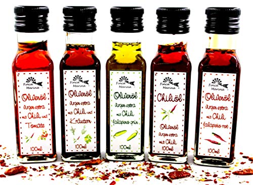 Chiliöl Spezialitäten im Probierset zum Top - Preis 5 x 100ml aus der Finca Marina Gewürzmanufaktur von Finca Marina