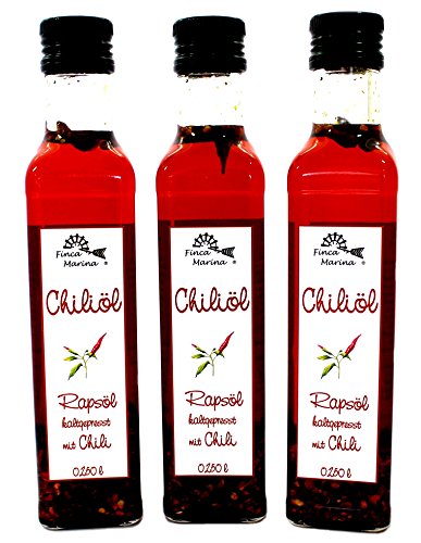 Chiliöl mit kaltgepresstem Rapsöl 3 x 0,250l zum Top – Preis aus der Finca Marina Gewürzmanufaktur von Finca Marina