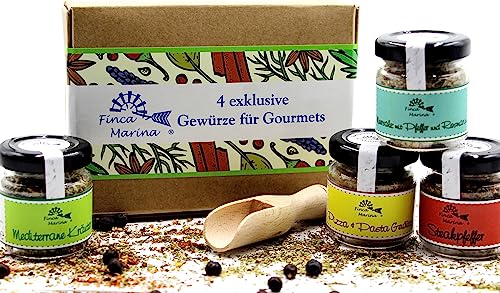 Exklusives Gewürzset für Gourmets mit 4 Gewürz-Spezialitäten und Gewürzschaufel in der Geschenkbox aus der Finca Marina Gewürzmanufaktur von Finca Marina