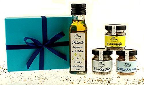 Fisch - Gewürzset mit Zitronenpfeffer, Fischsalz, Bratfisch Gewürz und Gewürzöl in der Geschenkbox Fisch - Gewürzset mit Zitronenpfeffer, Fischsalz, Bratfisch Gewürz und Gewürzöl in der Geschenkbox von Finca Marina