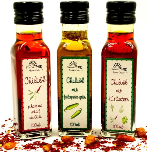 Pikante Chiliölspezialitäten 3 x 100ml aus der Finca Marina Gewürzmanufaktur - perfekt für alle Chilifreunde! Pikante Chiliölspezialitäten 3 x 100ml aus der Finca Marina Gewürzmanufaktur - perfekt für alle Chilifreunde! von Finca Marina