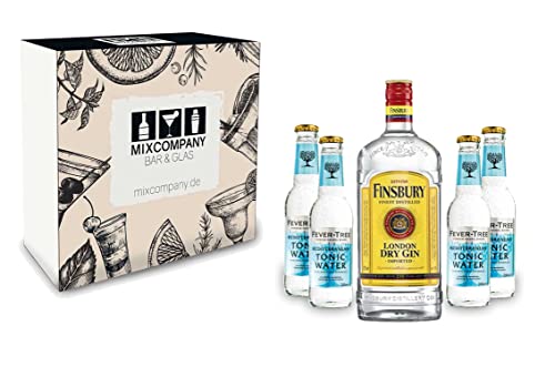 Gin Tonic Giftbox Geschenkset - Finsbury London Dry Gin 0,7l 700ml (37,5% Vol) + 4x Fever Tree Mediterranean Tonic Water 200ml inkl. Pfand MEHRWEG + Geschenkverpackung von Finsbury-Finsbury