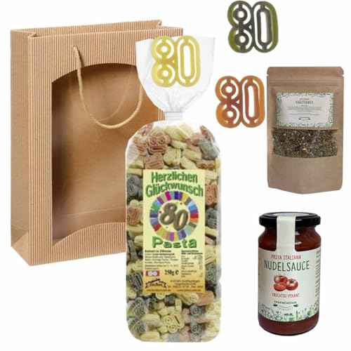 Feinkost-Set 80. Geburtstag mit Nudeln, Sauce, Gewürze // Nudeln als 80, Sauce, Gewürze // Geschenk 80. Geburtstag von Firlefantastisch Der Partyshop